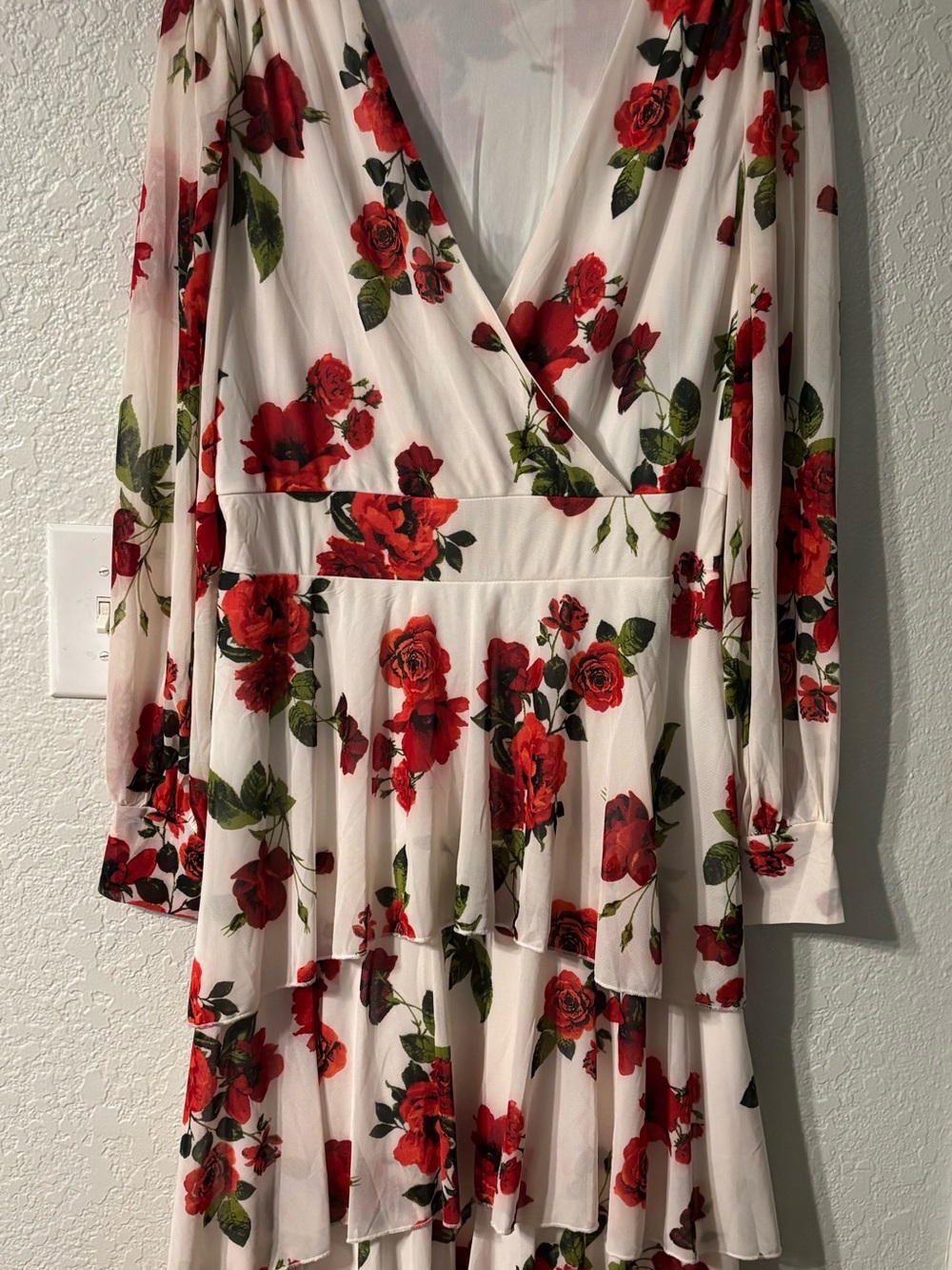 Women's lvory Long-Sleeve Tiered Dress with Red Rose Print romantic, feminine.